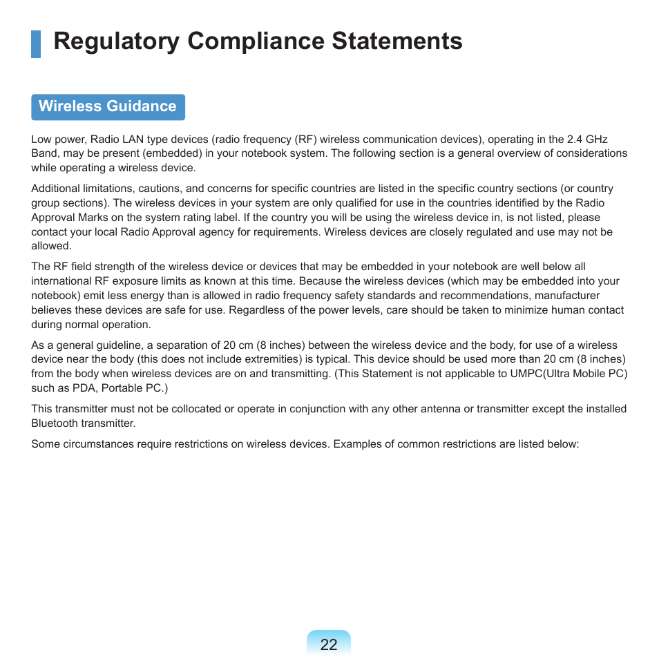 Regulatory compliance statements, Wireless guidance | Samsung Q46 User Manual | Page 23 / 194