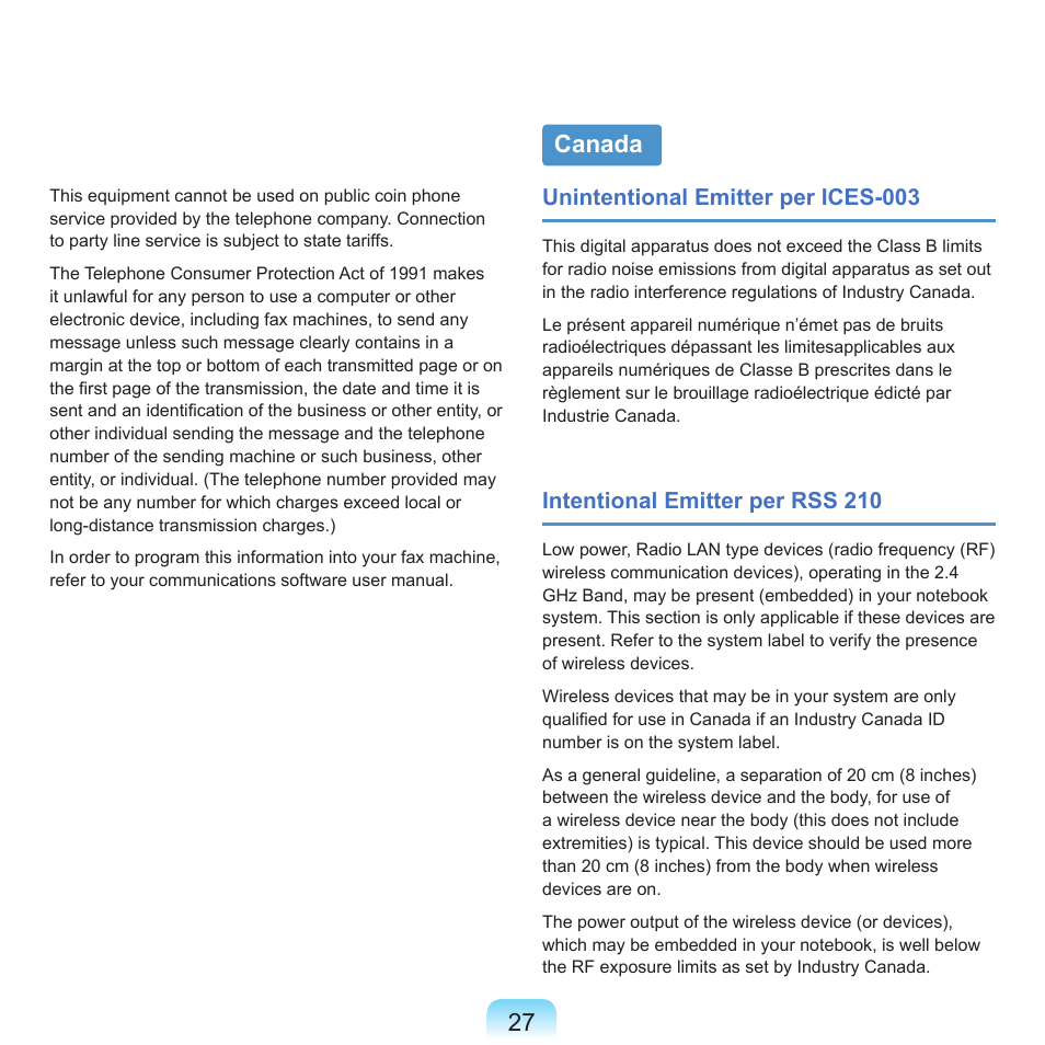 Canada, Unintentional emitter per ices-003, Intentional emitter per rss 210 | Samsung Q46 User Manual | Page 28 / 194