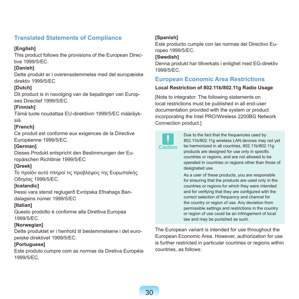 Translated statements of compliance, European economic area restrictions | Samsung Q46 User Manual | Page 31 / 194