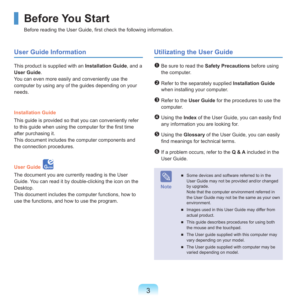 Before you start, User guide information, Utilizating the user guide | Samsung Q46 User Manual | Page 4 / 194