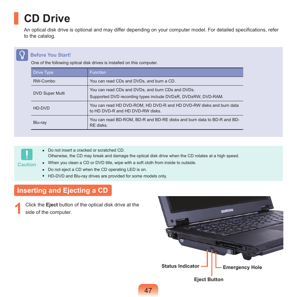 Cd drive, Inserting and ejecting a cd | Samsung Q46 User Manual | Page 48 / 194