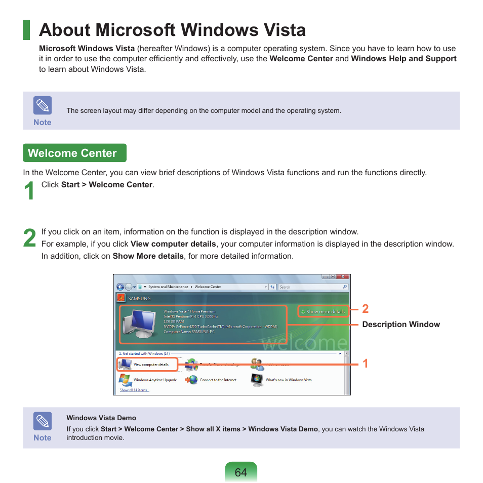 About microsoft windows vista, Welcome center | Samsung Q46 User Manual | Page 65 / 194