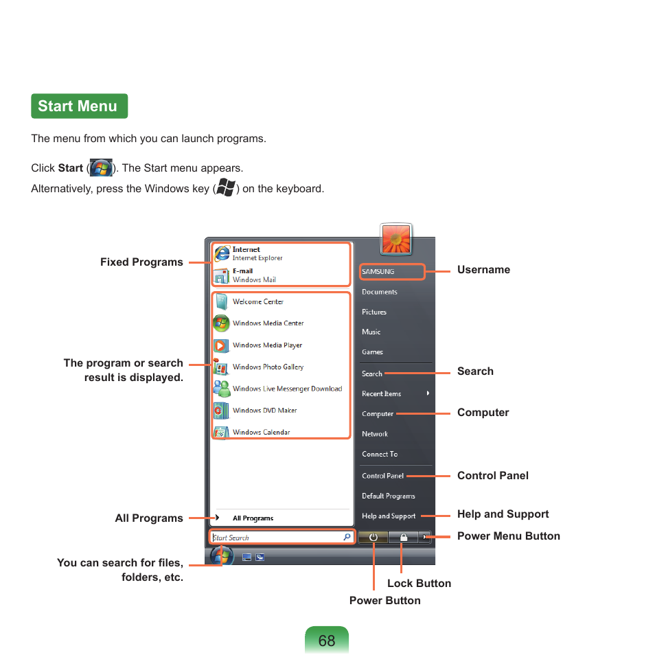 Start menu, 68 start menu | Samsung Q46 User Manual | Page 69 / 194