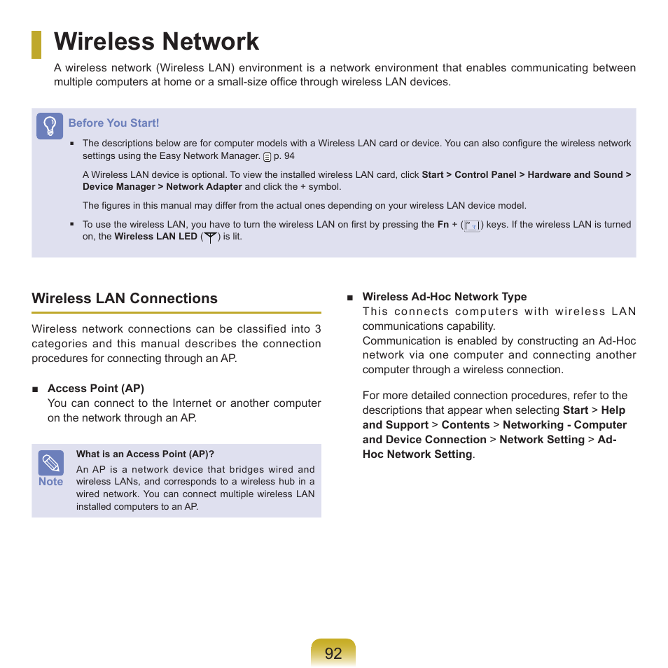 Wireless network, Wireless lan connections | Samsung Q46 User Manual | Page 93 / 194