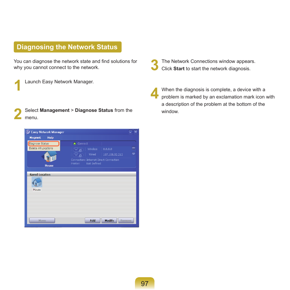 Diagnosing the network status | Samsung Q46 User Manual | Page 98 / 194