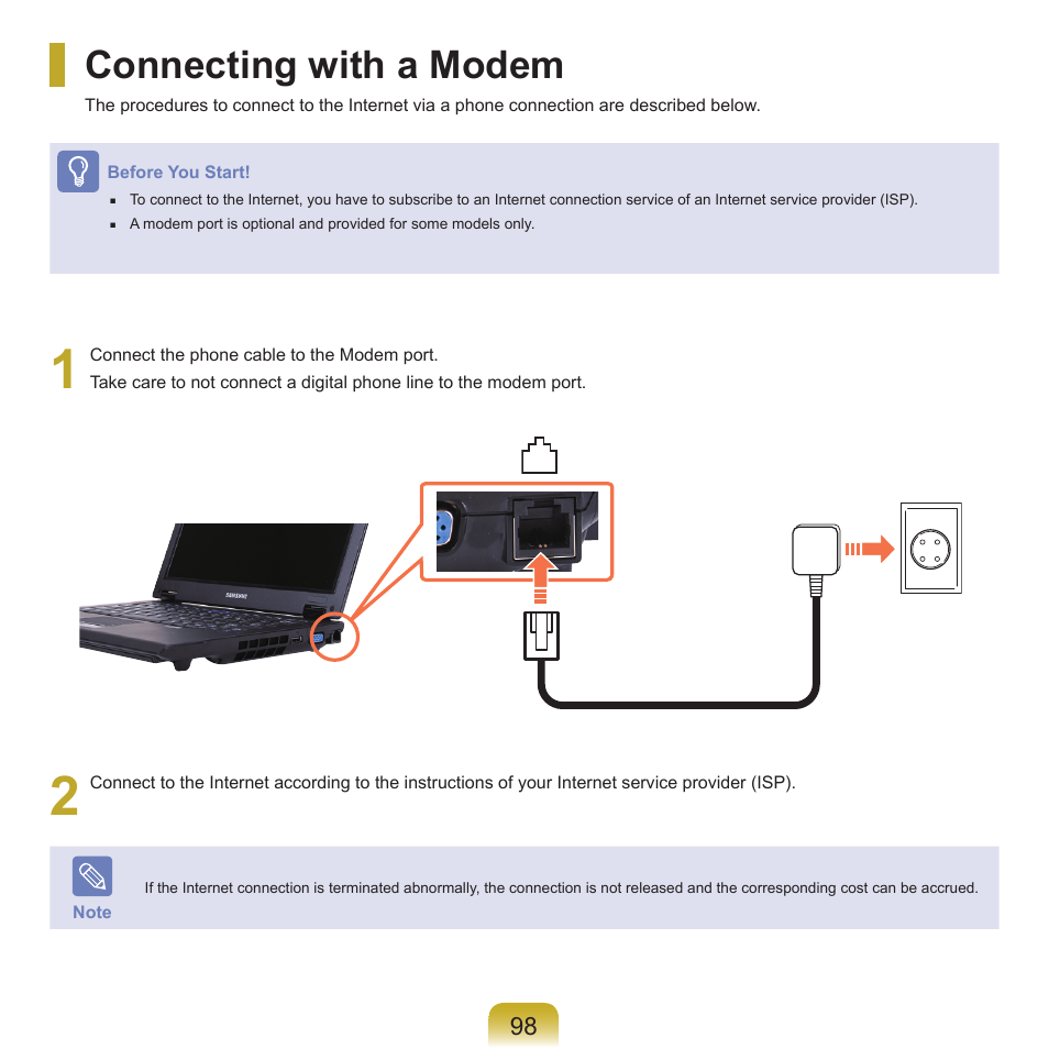 Connecting with a modem | Samsung Q46 User Manual | Page 99 / 194