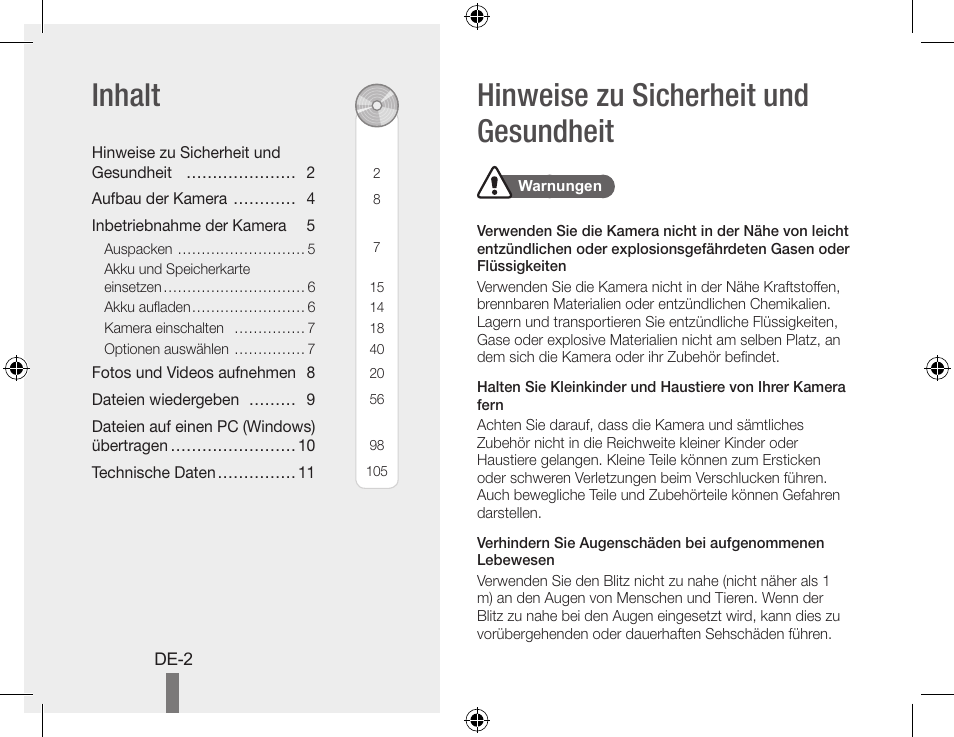 Hinweise zu sicherheit und gesundheit inhalt | Samsung WB560 User Manual | Page 12 / 74