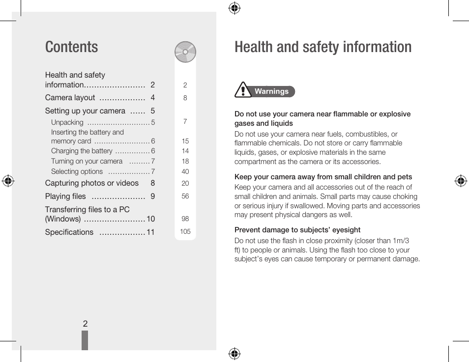 Health and safety information contents | Samsung WB560 User Manual | Page 2 / 74