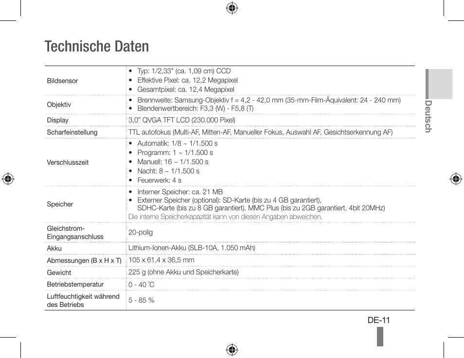 Technische daten | Samsung WB560 User Manual | Page 21 / 74