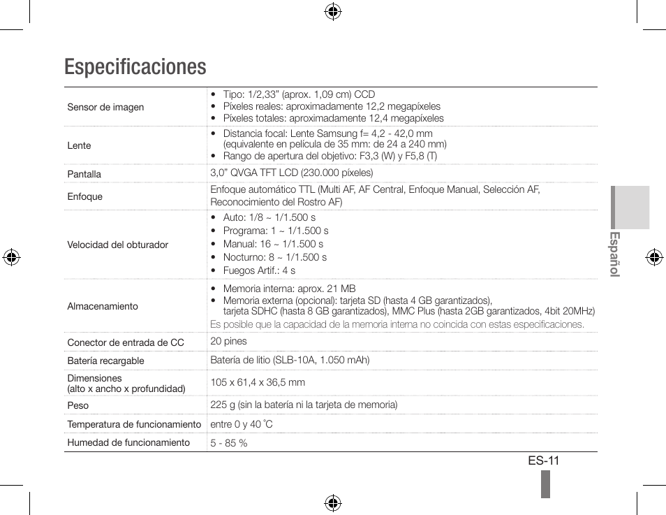 Especificaciones | Samsung WB560 User Manual | Page 41 / 74