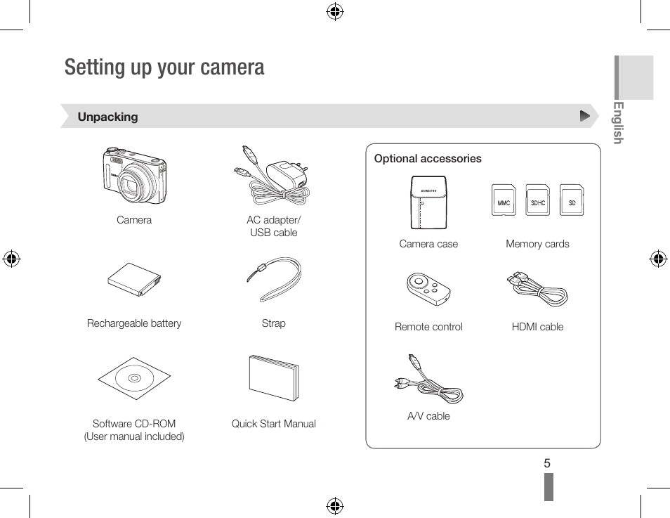 Setting up your camera | Samsung WB560 User Manual | Page 5 / 74