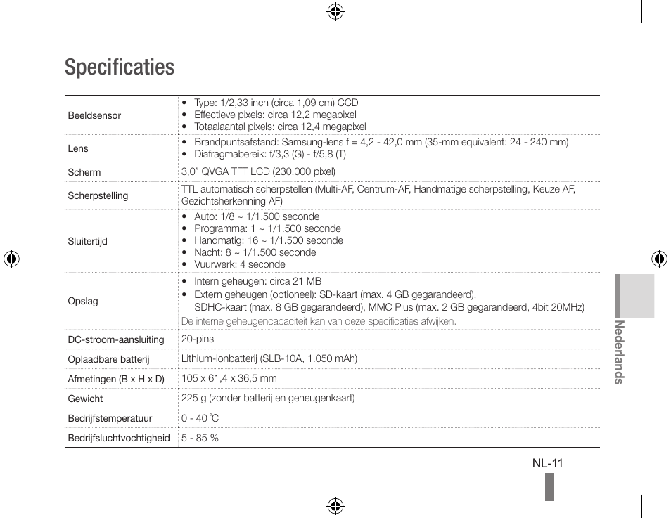 Specificaties | Samsung WB560 User Manual | Page 61 / 74