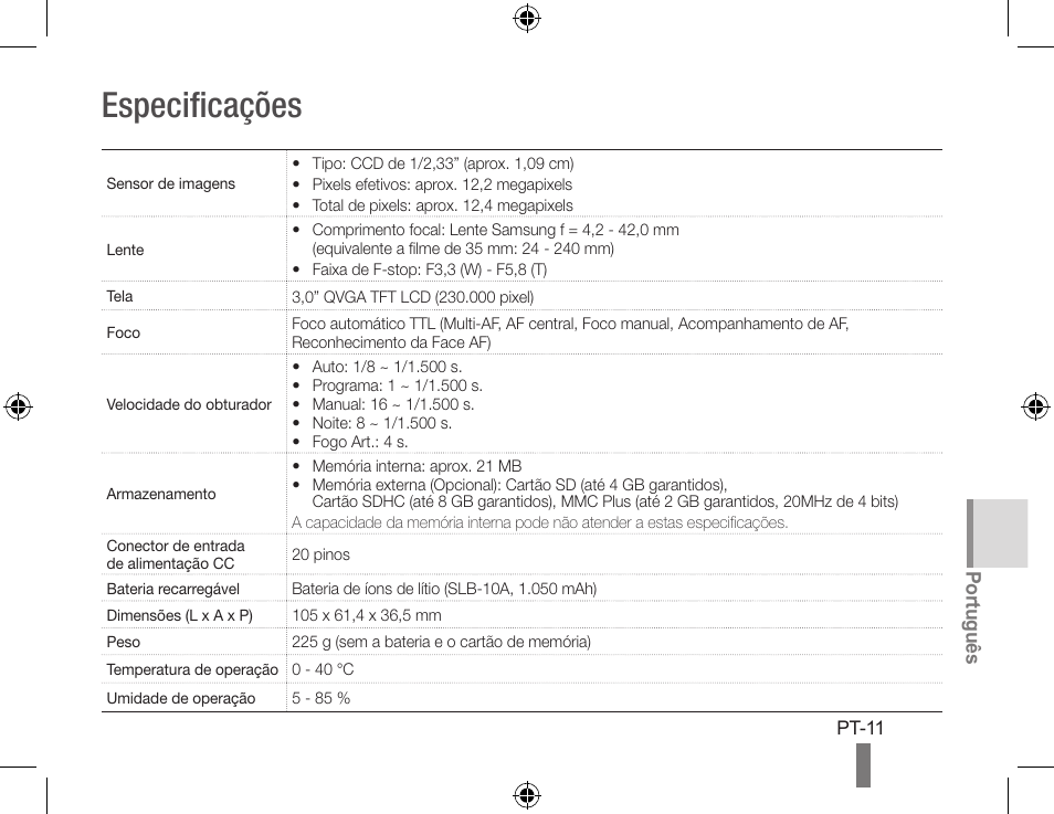 Especificações | Samsung WB560 User Manual | Page 71 / 74