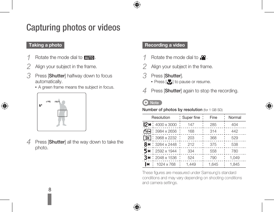 Capturing photos or videos | Samsung WB560 User Manual | Page 8 / 74