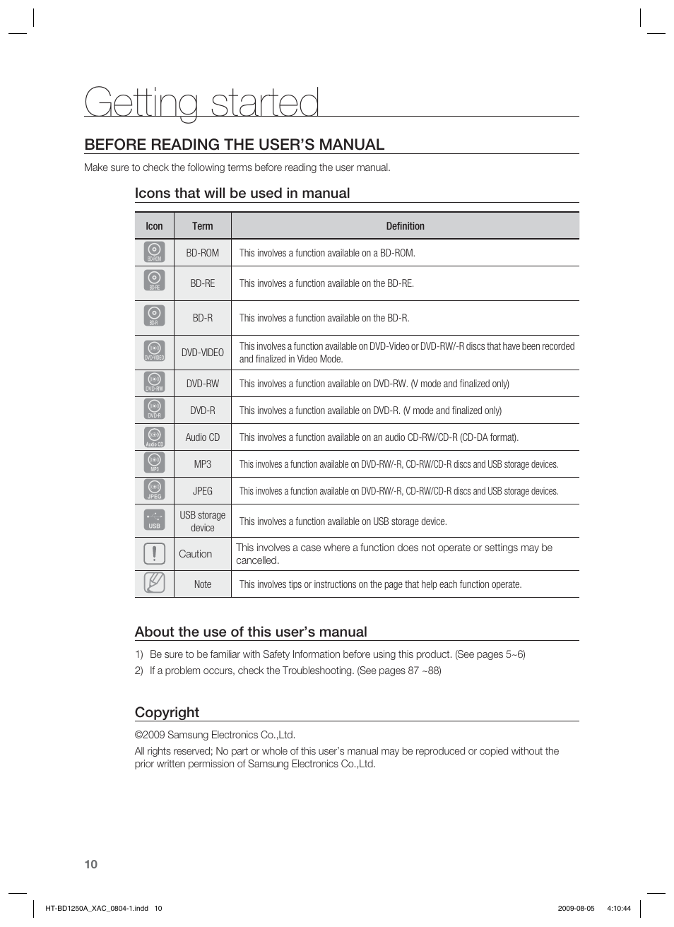 Getting started | Samsung HT-BD1255 User Manual | Page 10 / 104
