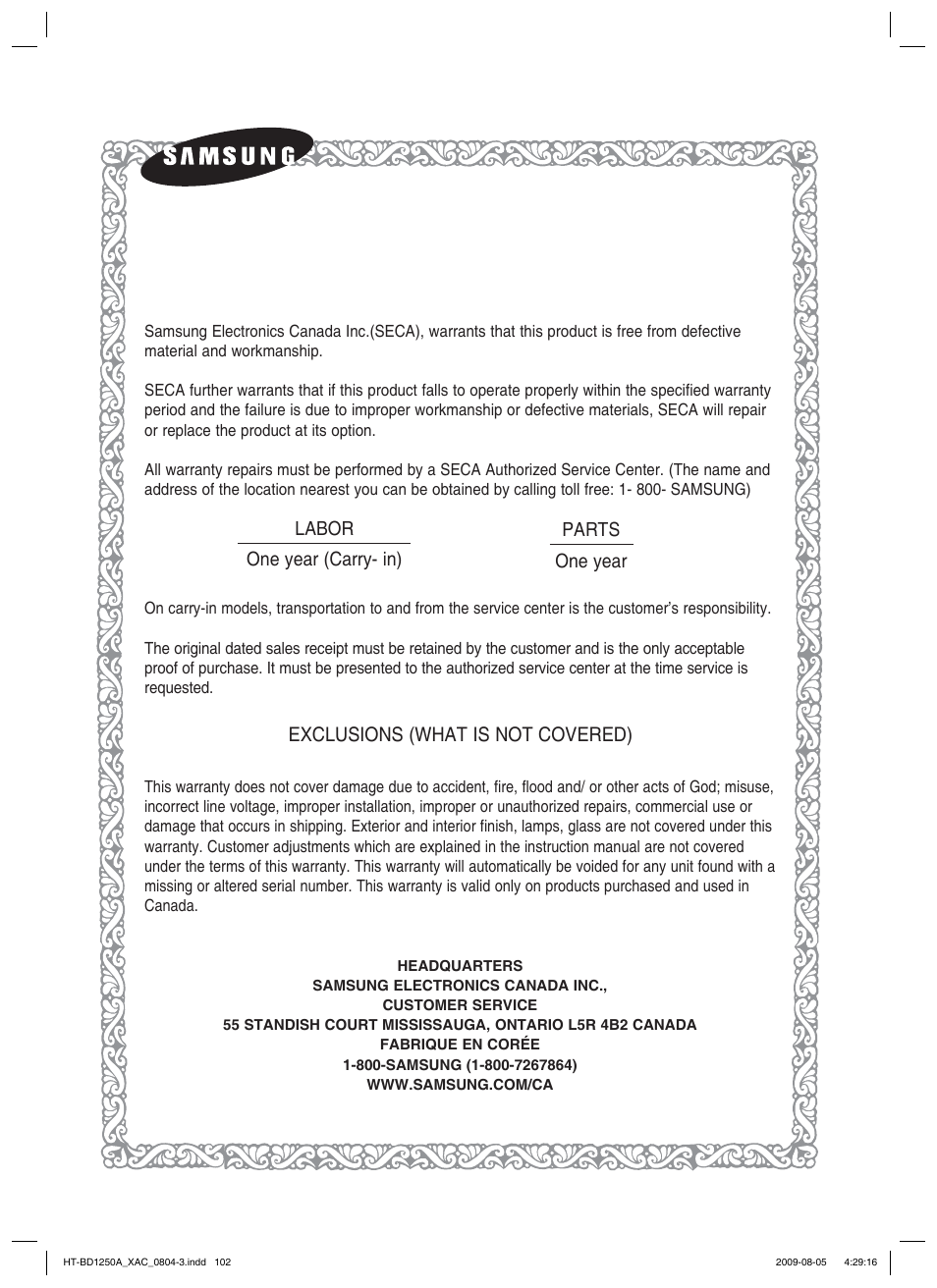 Exclusions (what is not covered), Labor one year (carry- in) parts one year | Samsung HT-BD1255 User Manual | Page 102 / 104