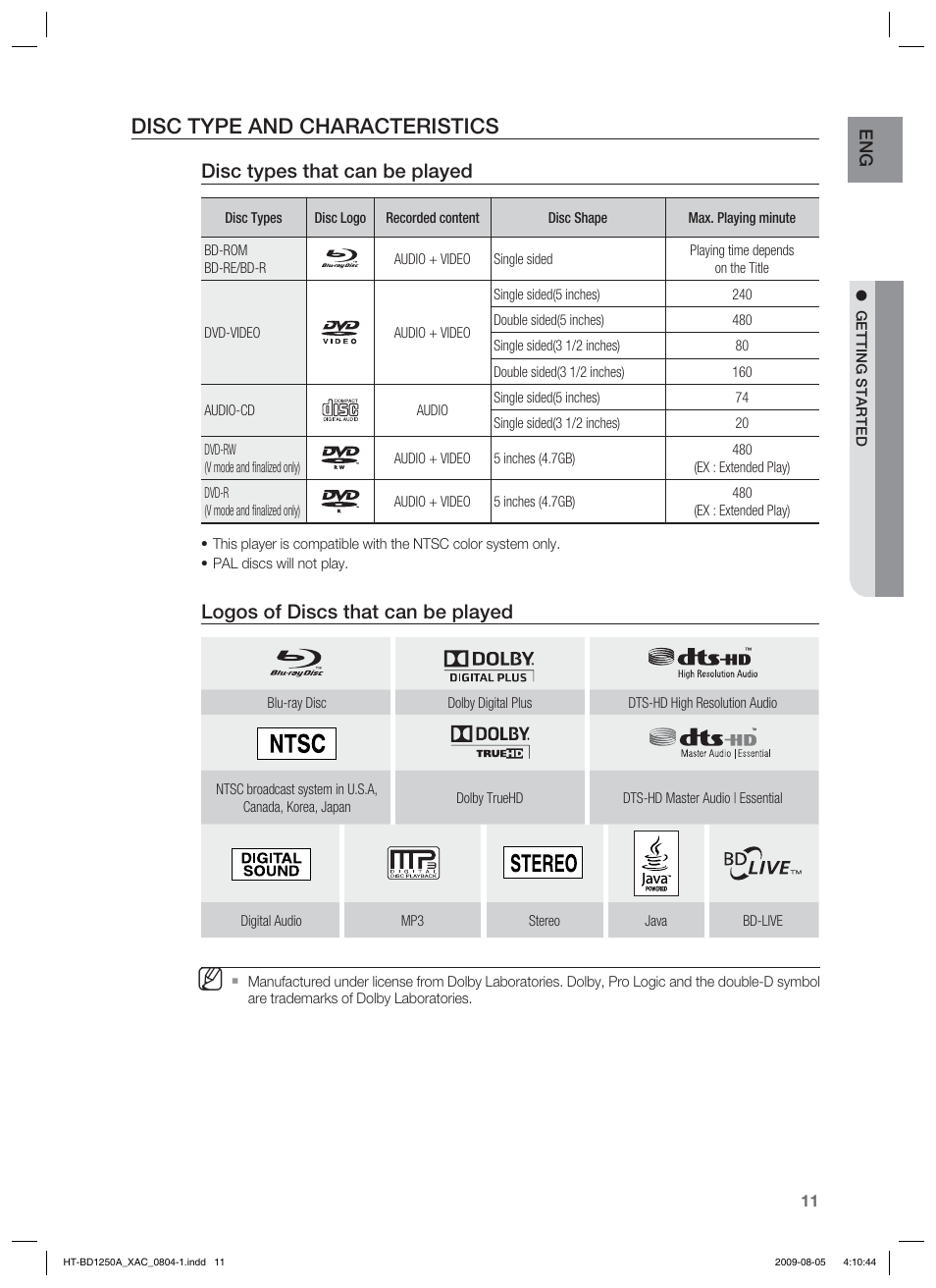Disc type and characteristics, Disc types that can be played, Logos of discs that can be played | Samsung HT-BD1255 User Manual | Page 11 / 104