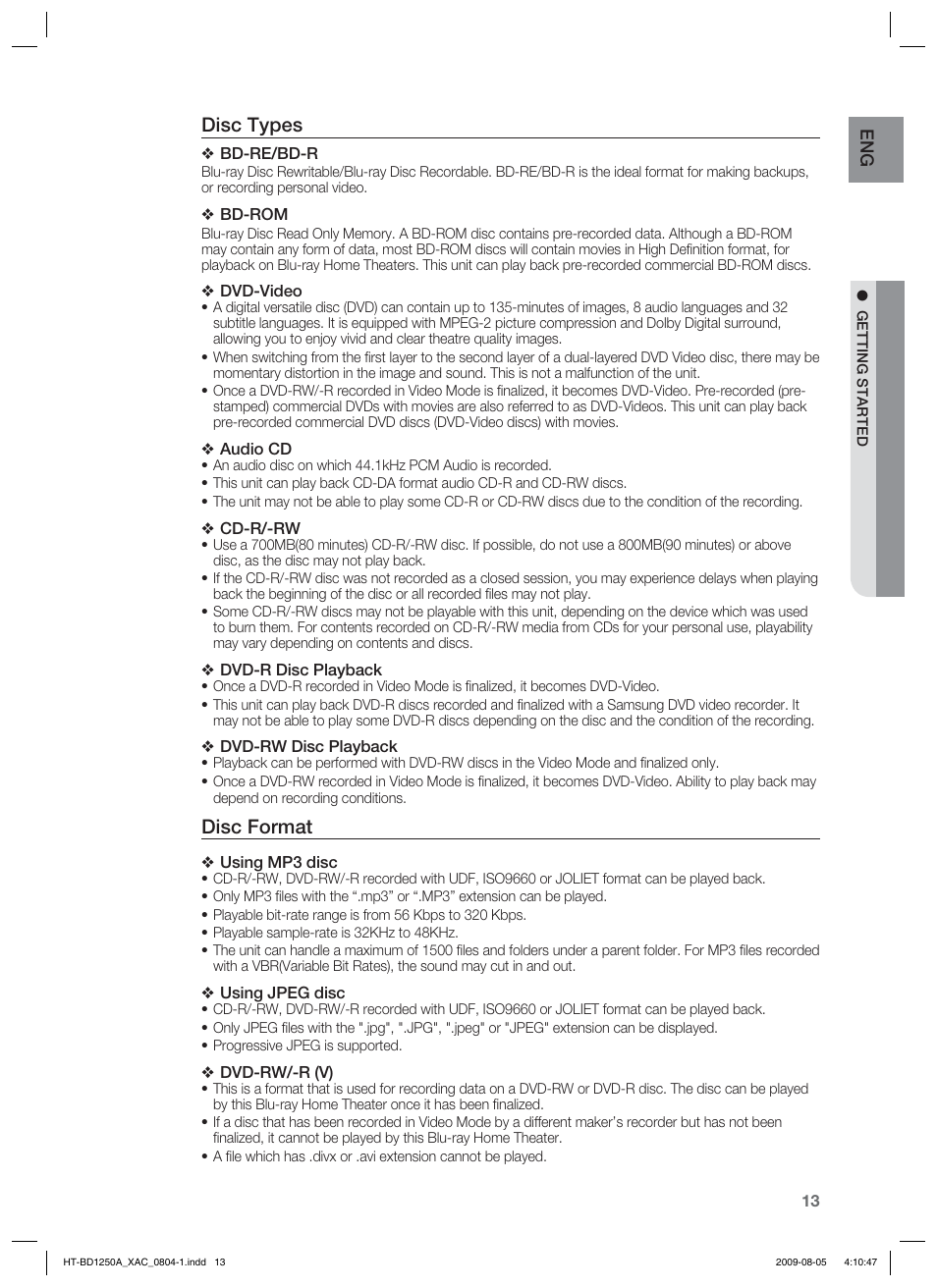 Disc types, Disc format | Samsung HT-BD1255 User Manual | Page 13 / 104