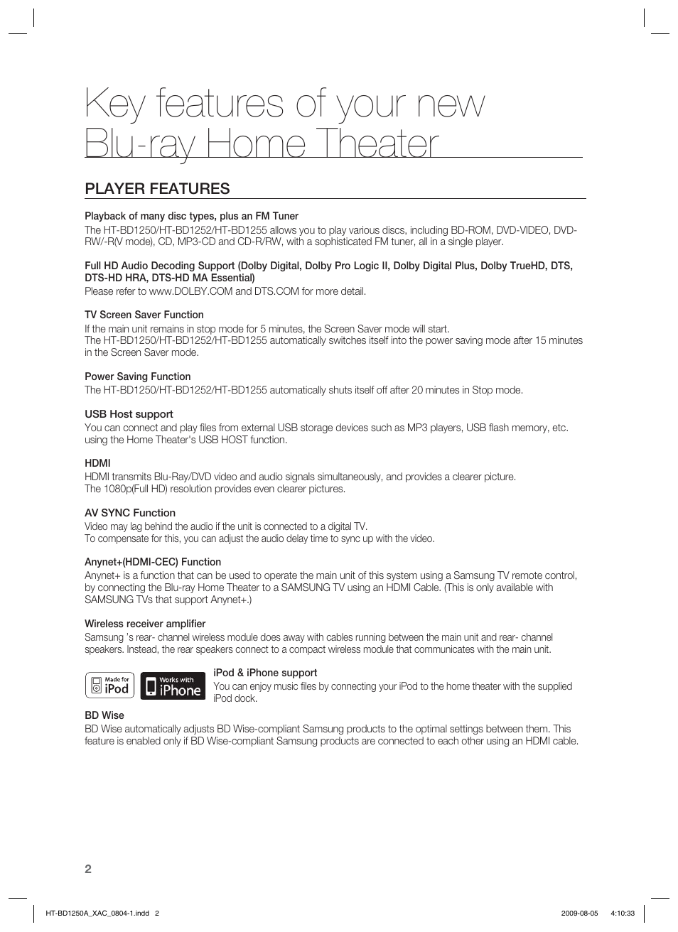 Key features of your newblu-ray home theater, Key features of your new blu-ray home theater, Player features | Samsung HT-BD1255 User Manual | Page 2 / 104