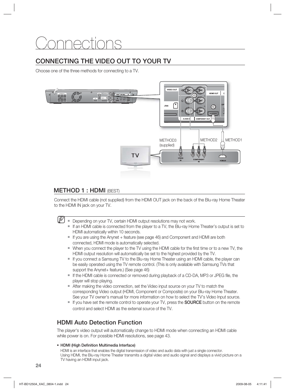 Connections, Connecting the video out to your tv | Samsung HT-BD1255 User Manual | Page 24 / 104