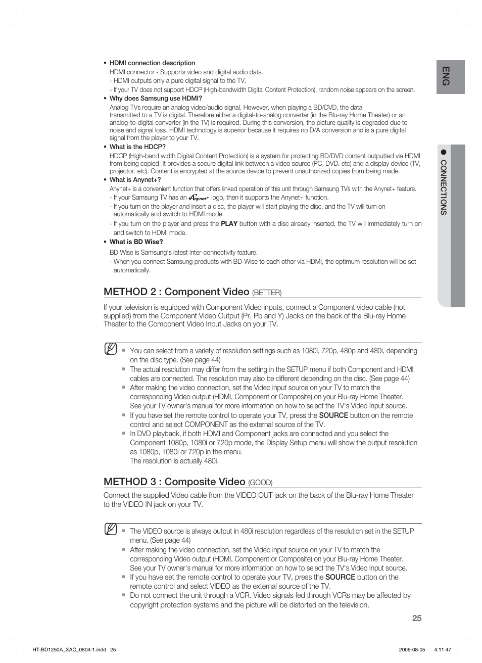 Method 2 : component video, Method 3 : composite video | Samsung HT-BD1255 User Manual | Page 25 / 104
