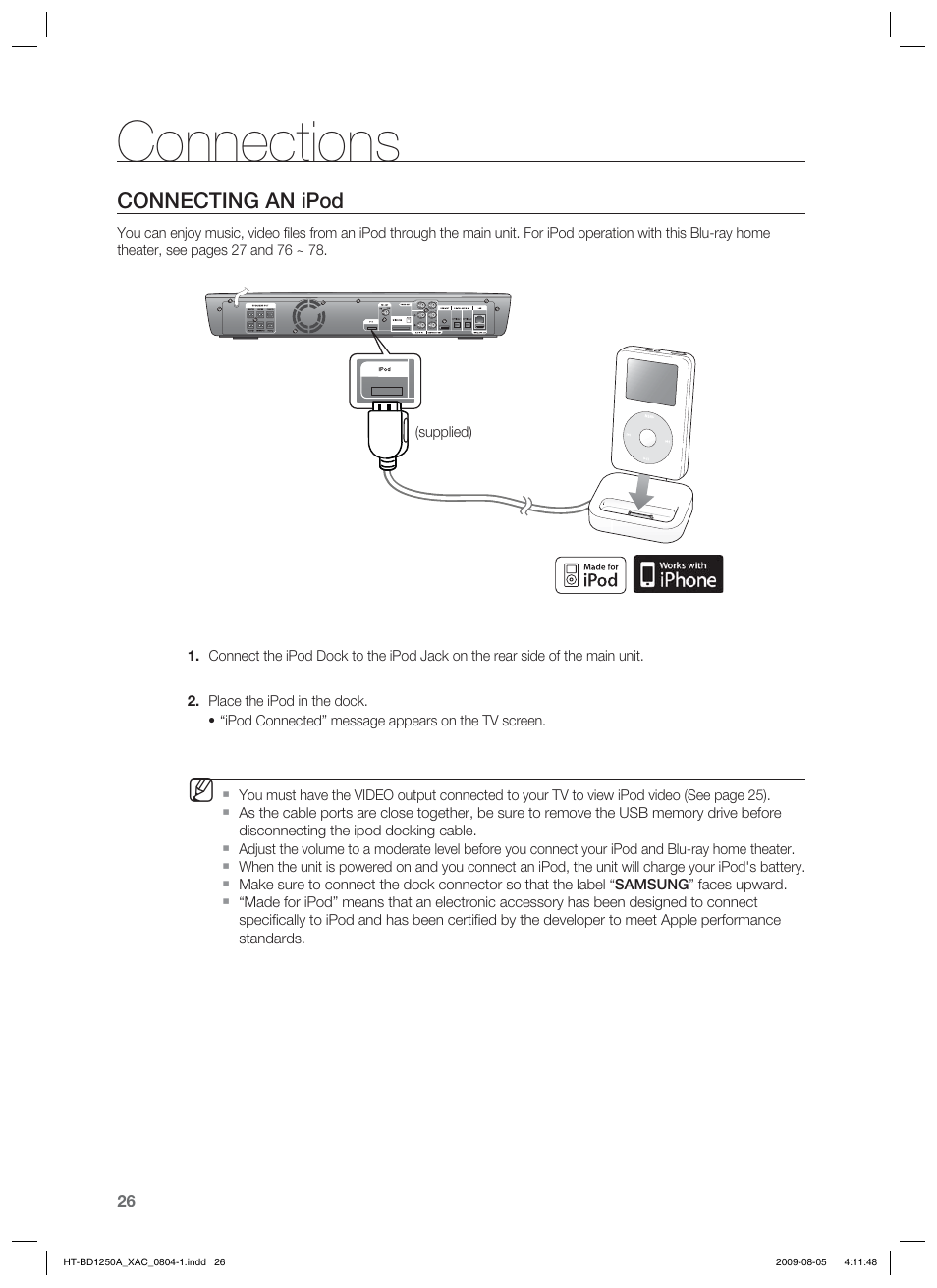 Connections, Connecting an ipod | Samsung HT-BD1255 User Manual | Page 26 / 104