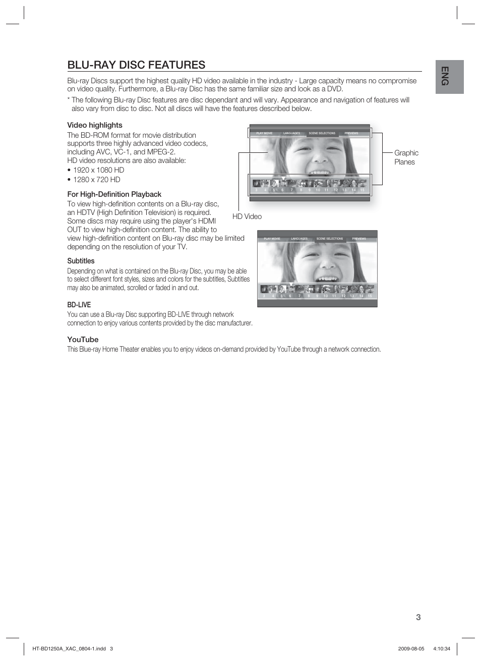 Blu-ray disc features, Hd video graphic planes | Samsung HT-BD1255 User Manual | Page 3 / 104