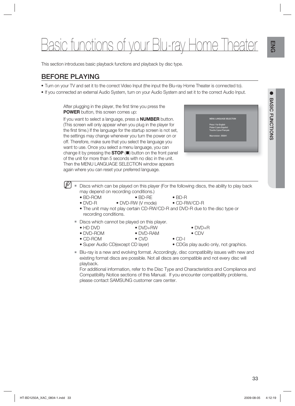 Basic functions of your blu-ray home theater, Before playing | Samsung HT-BD1255 User Manual | Page 33 / 104