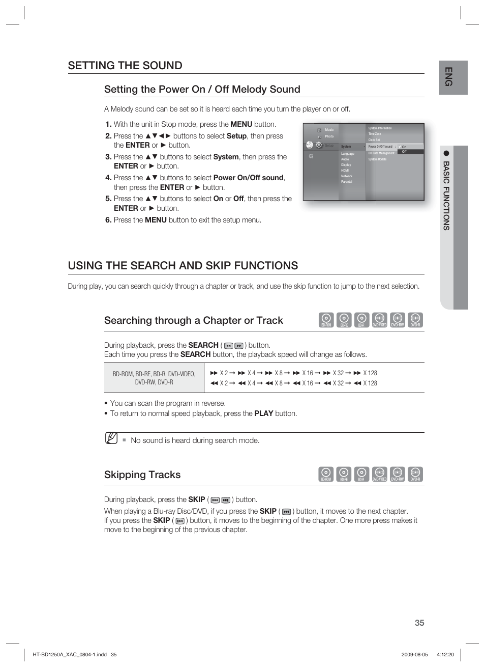Hgfzcv, Setting the sound, Using the search and skip functions | Setting the power on / off melody sound, Searching through a chapter or track, Skipping tracks | Samsung HT-BD1255 User Manual | Page 35 / 104