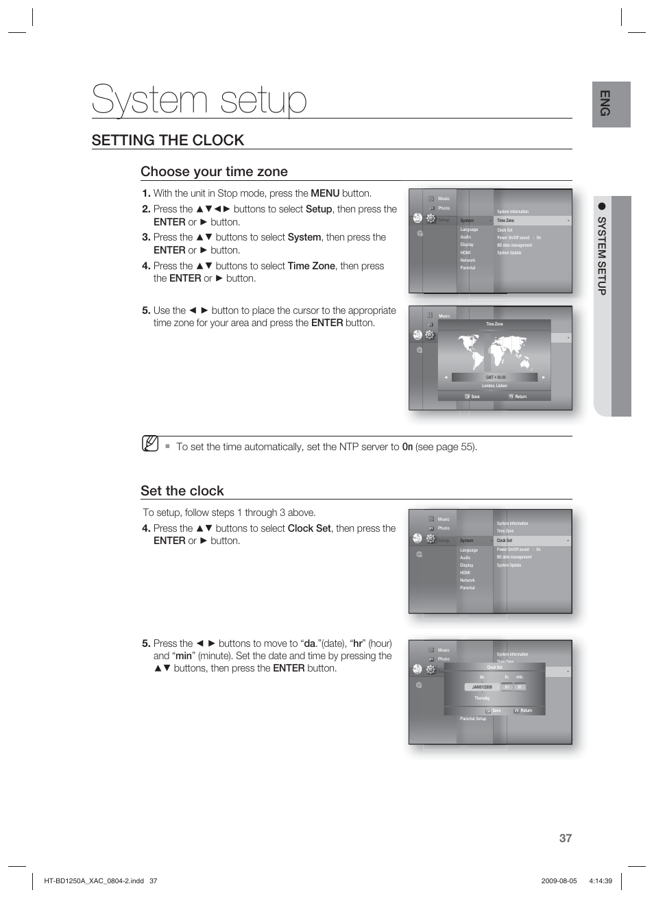 System setup, Setting the clock, Choose your time zone | Set the clock | Samsung HT-BD1255 User Manual | Page 37 / 104