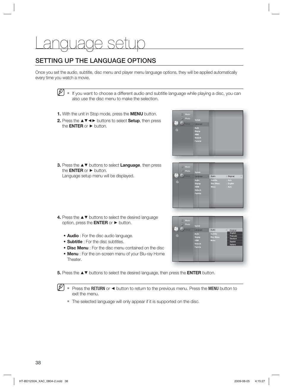 Language setup, Setting up the language options | Samsung HT-BD1255 User Manual | Page 38 / 104