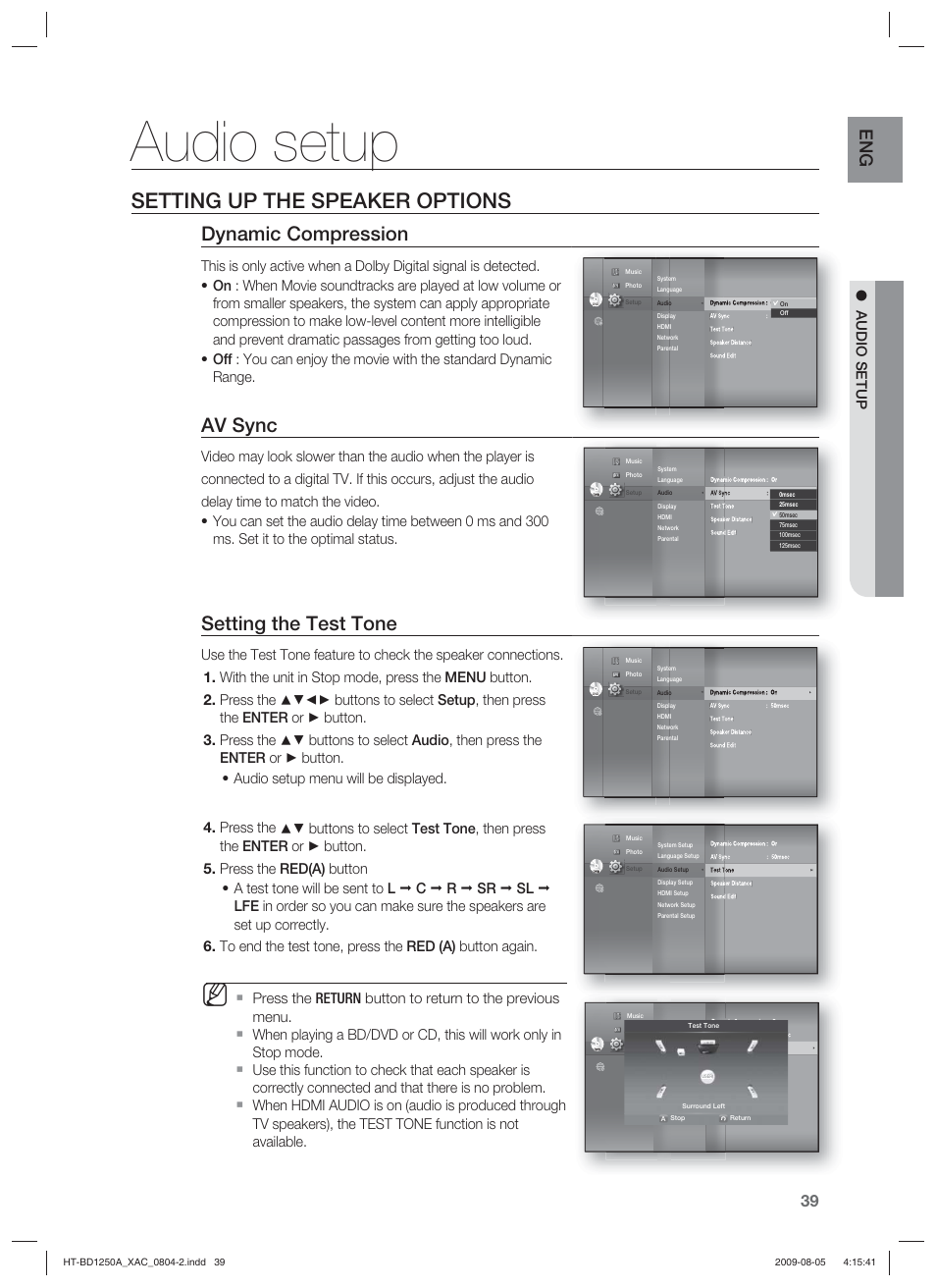 Audio setup, Setting up the speaker options, Setting the test tone | Dynamic compression, Av sync | Samsung HT-BD1255 User Manual | Page 39 / 104