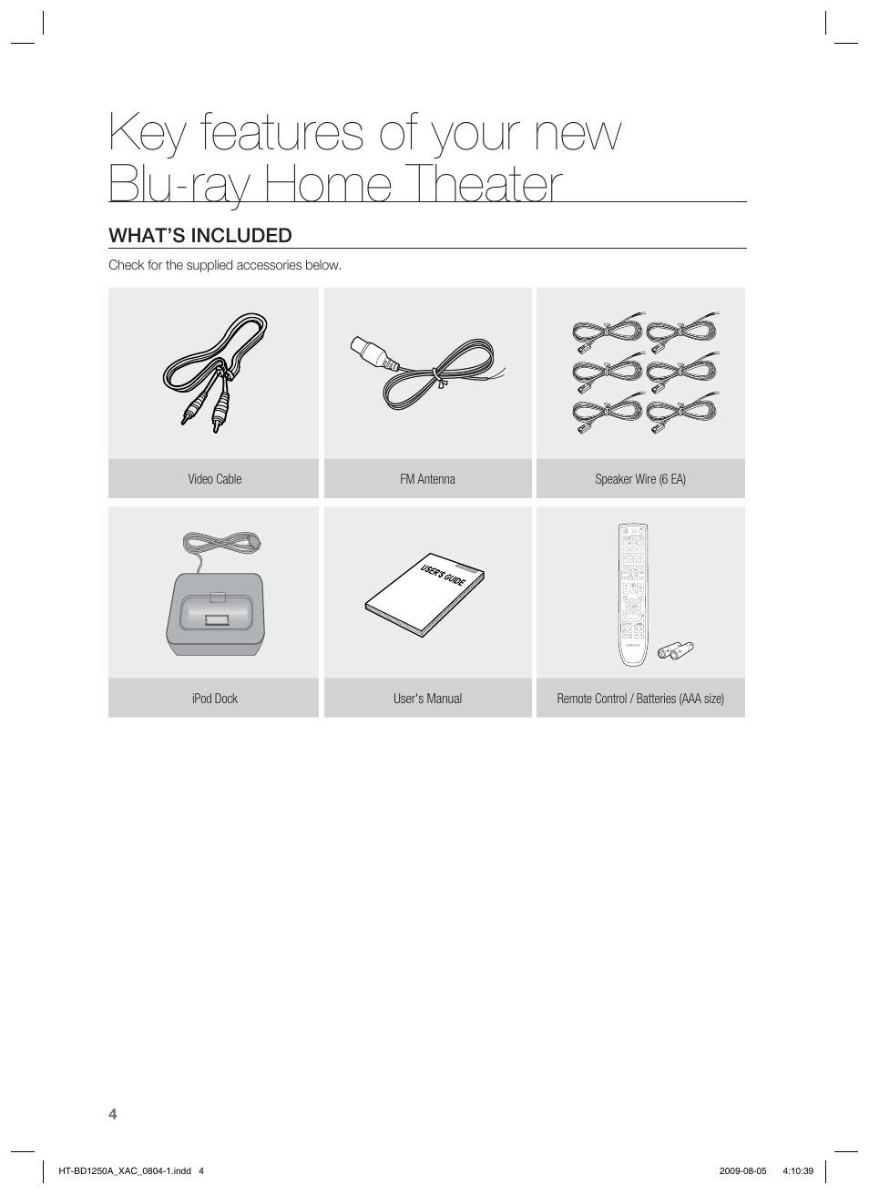 Key features of your new blu-ray home theater, What’s included | Samsung HT-BD1255 User Manual | Page 4 / 104