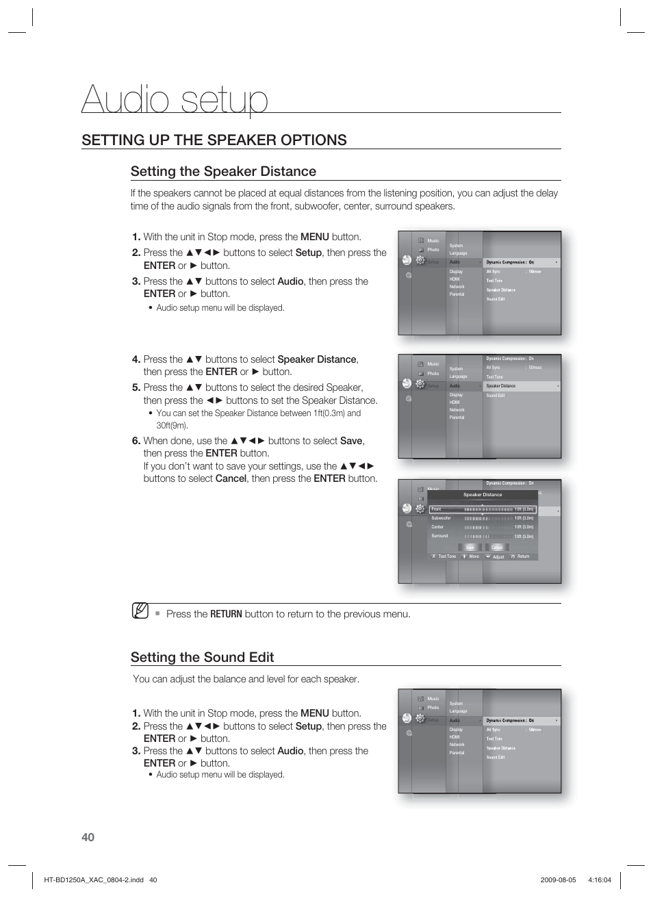 Audio setup, Setting up the speaker options, Setting the speaker distance | Setting the sound edit, Audio setup menu will be displayed | Samsung HT-BD1255 User Manual | Page 40 / 104