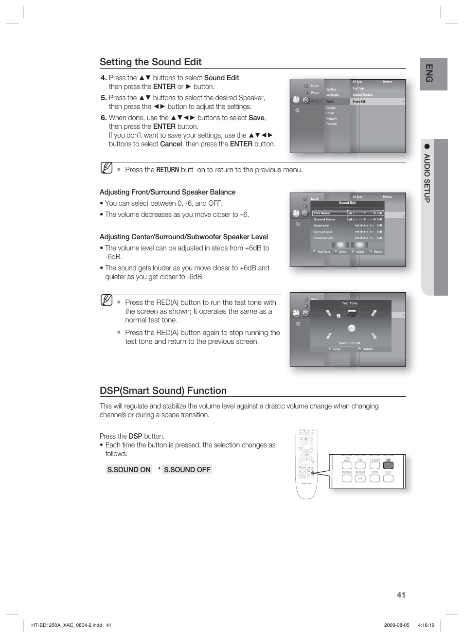 Setting the sound edit, Dsp(smart sound) function, Audio setup | S.sound off 4. 5. 6 | Samsung HT-BD1255 User Manual | Page 41 / 104