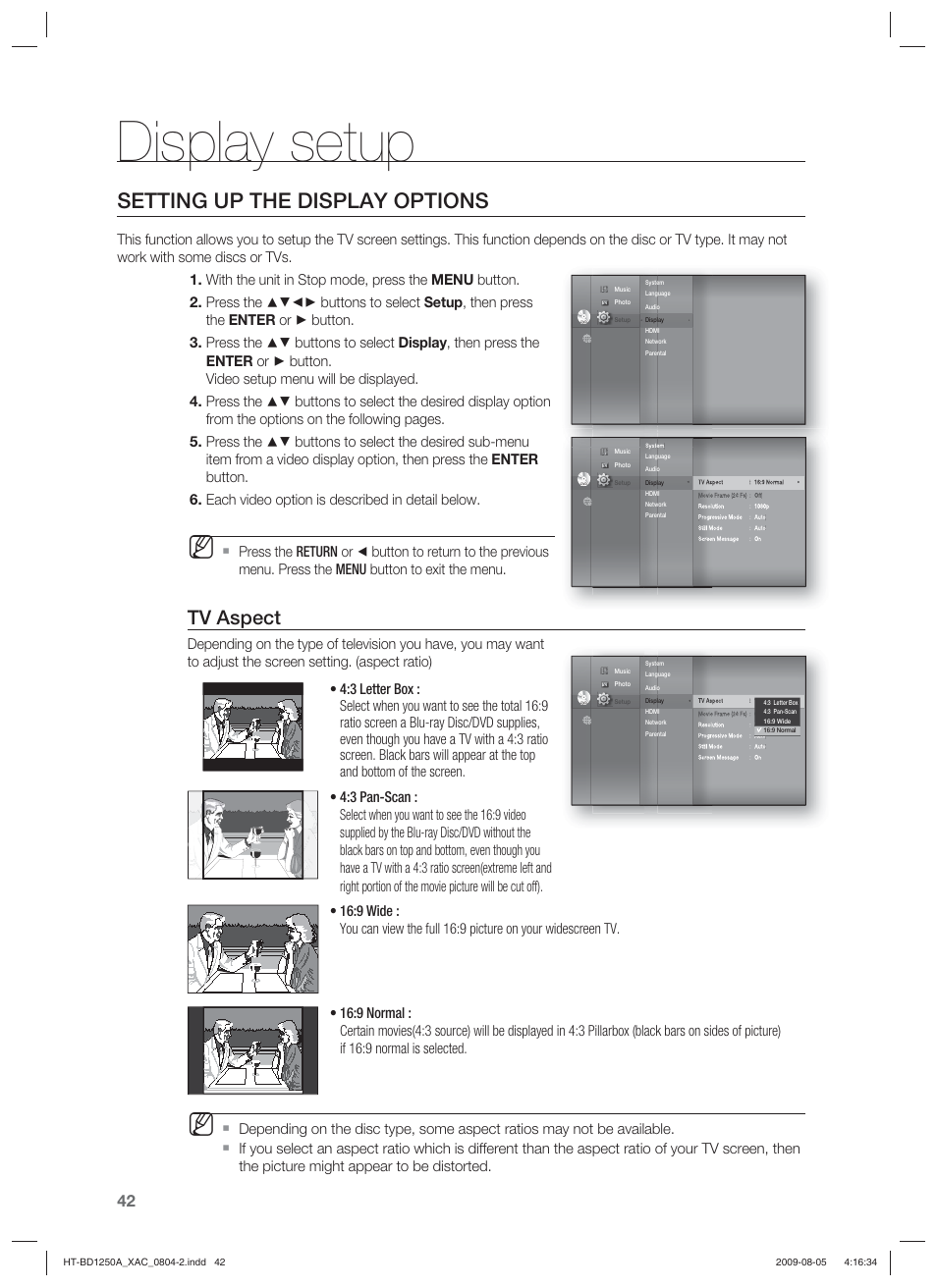 Display setup, Setting up the display options, Tv aspect | Samsung HT-BD1255 User Manual | Page 42 / 104