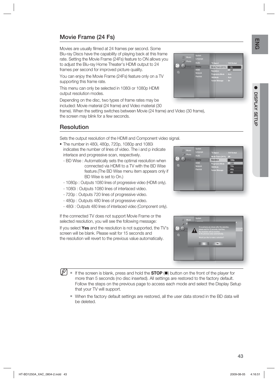 Movie frame (24 fs), Resolution, Display setup | Samsung HT-BD1255 User Manual | Page 43 / 104