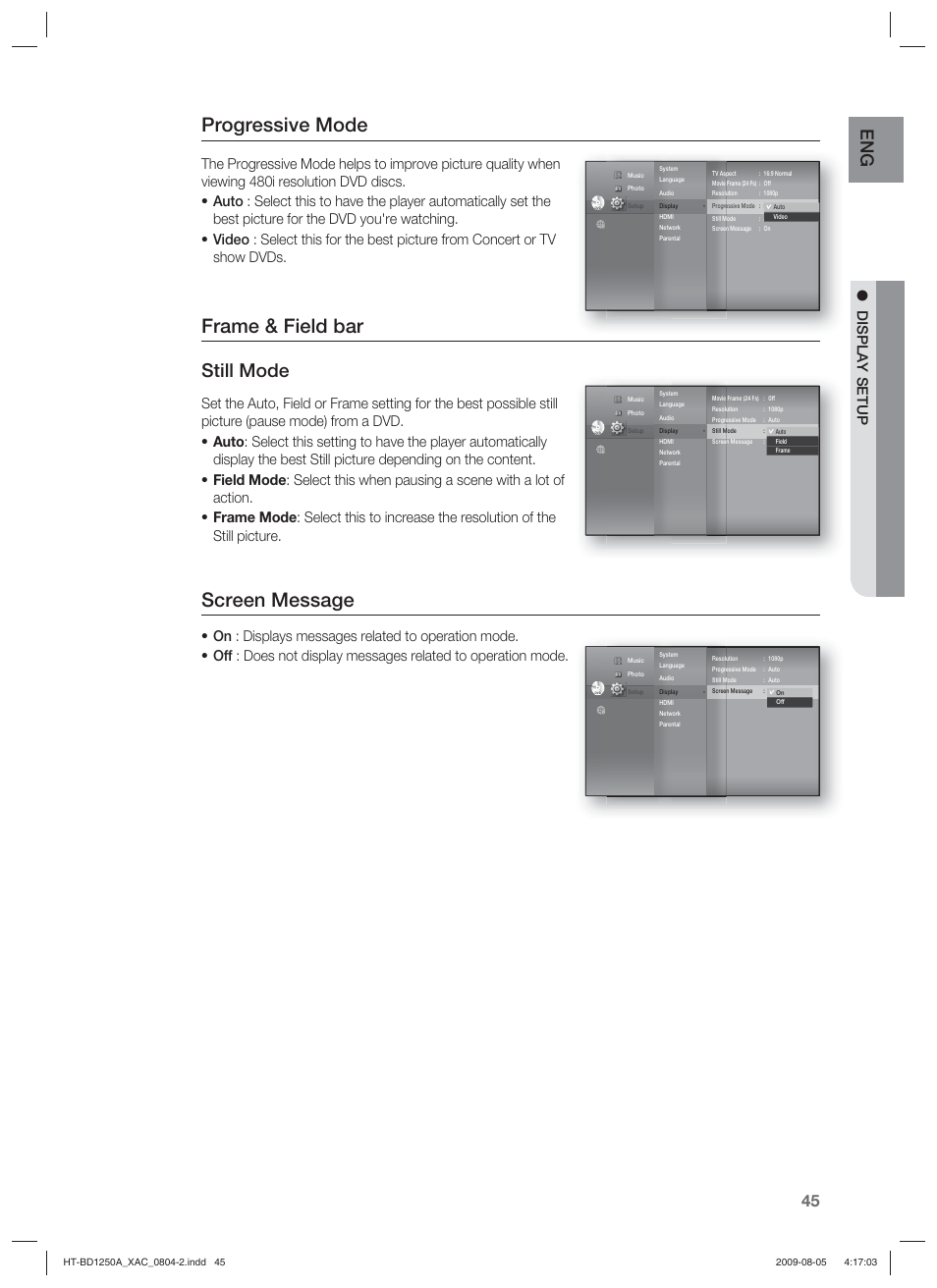 Progressive mode, Frame & field bar, Screen message | Still mode, Display setup | Samsung HT-BD1255 User Manual | Page 45 / 104