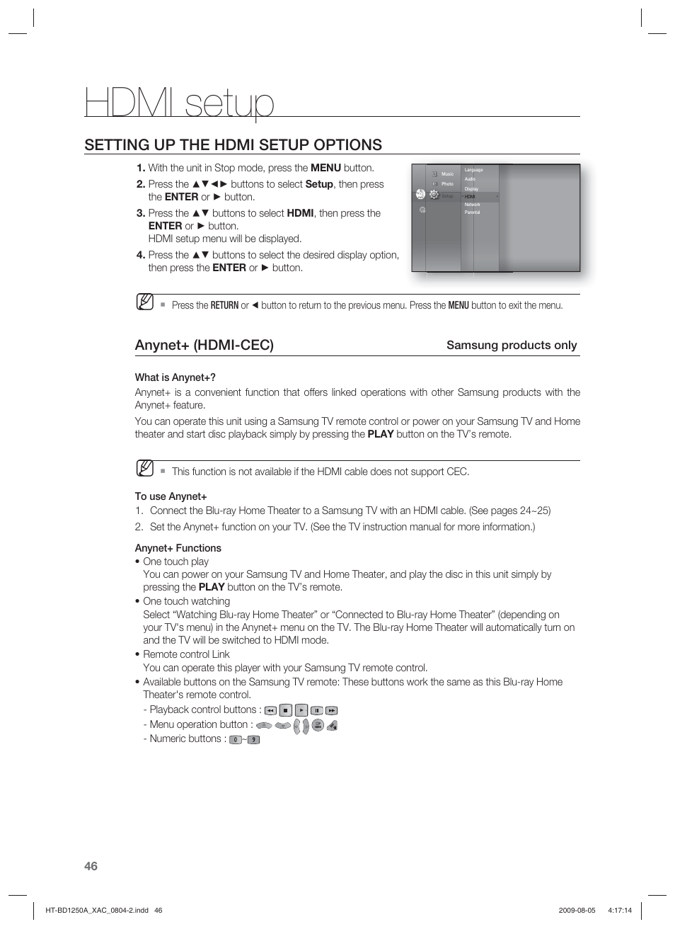 Hdmi setup, Setting up the hdmi setup options, Anynet+ (hdmi-cec) | Samsung HT-BD1255 User Manual | Page 46 / 104