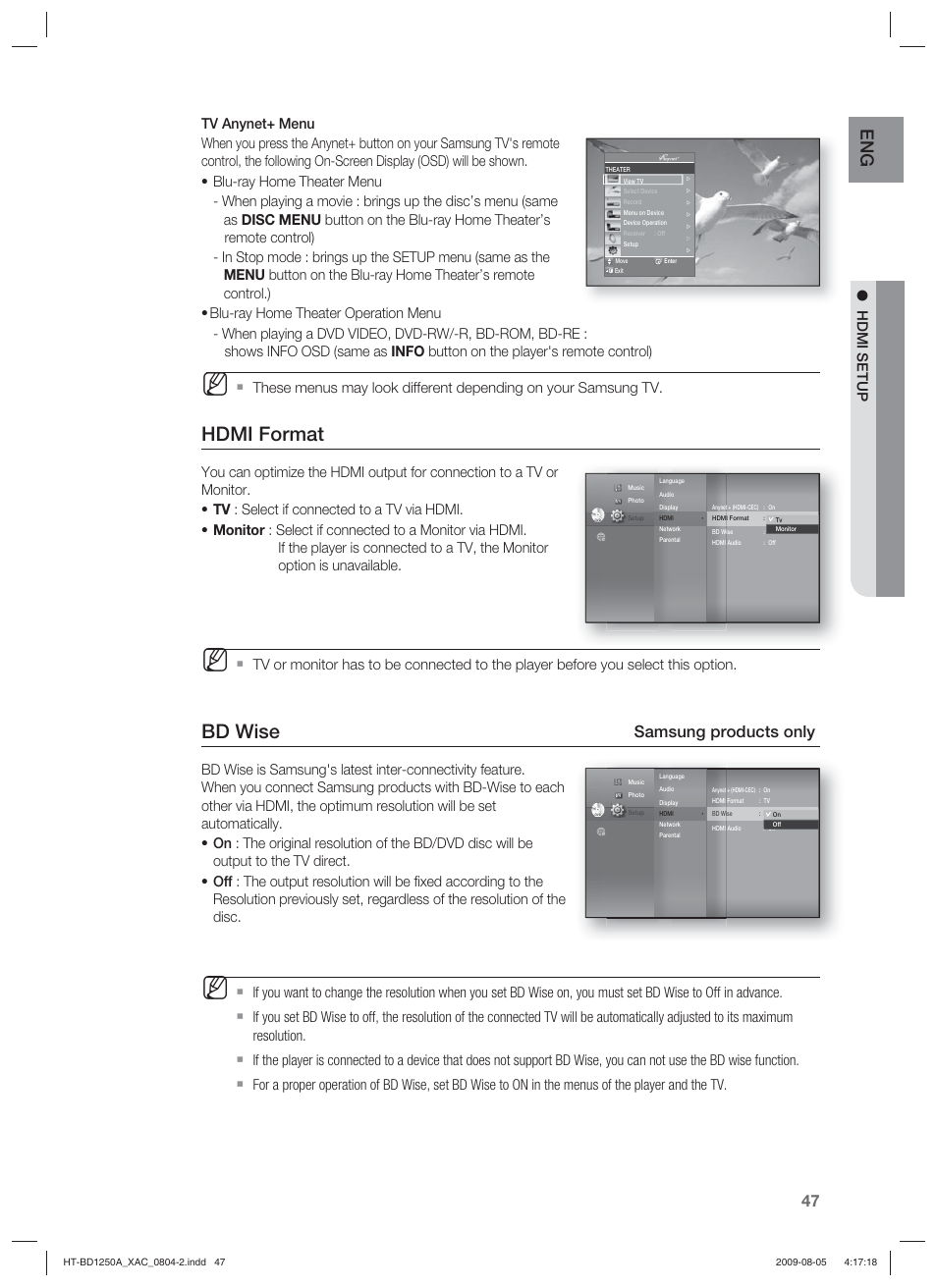 Hdmi format, Bd wise, Samsung products only | Samsung HT-BD1255 User Manual | Page 47 / 104