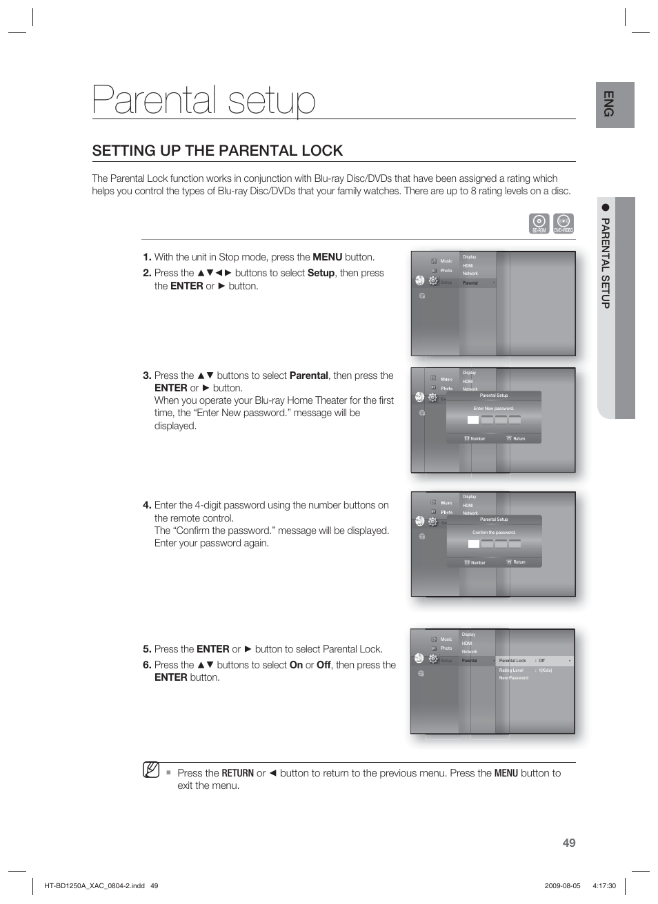 Parental setup, Setting up the parental lock | Samsung HT-BD1255 User Manual | Page 49 / 104
