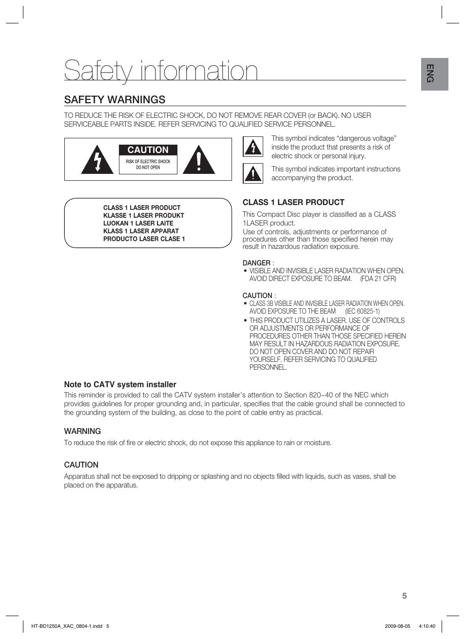 Safety information, Safety warnings | Samsung HT-BD1255 User Manual | Page 5 / 104