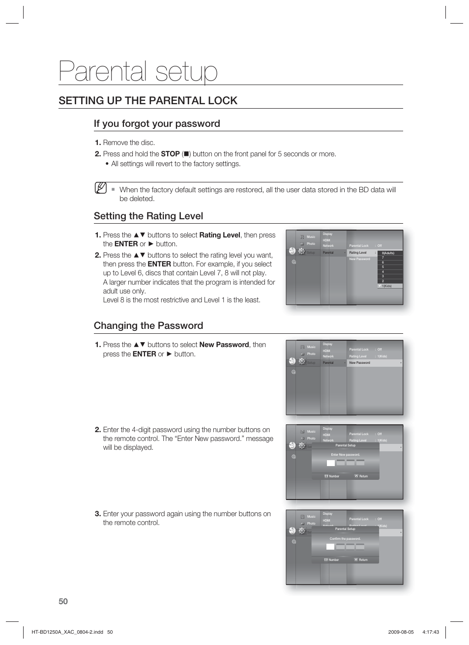 Parental setup, Setting up the parental lock, If you forgot your password | Setting the rating level, Changing the password | Samsung HT-BD1255 User Manual | Page 50 / 104