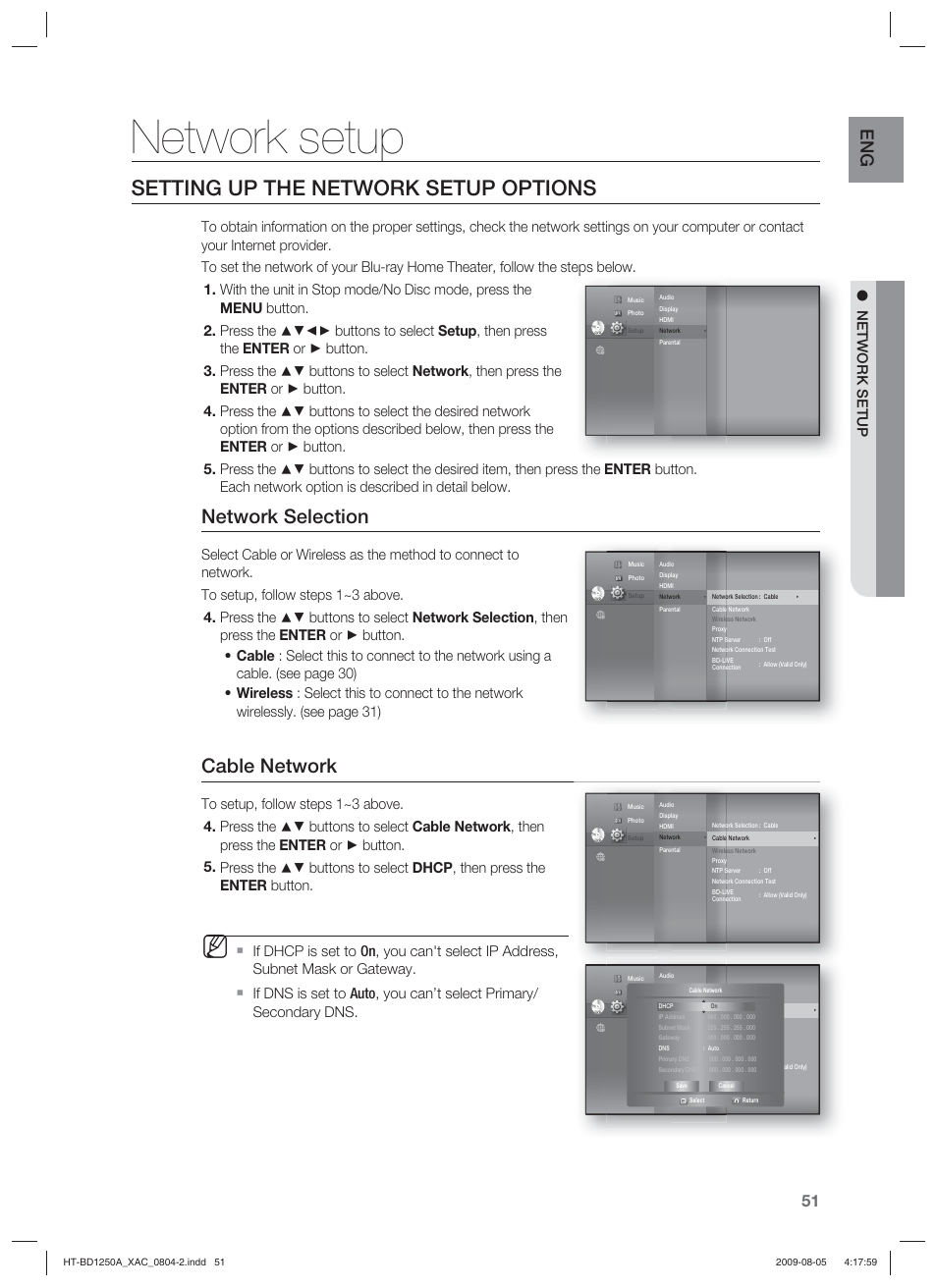 Setting up the network setup options, Network selection, Cable network | Network setup | Samsung HT-BD1255 User Manual | Page 51 / 104