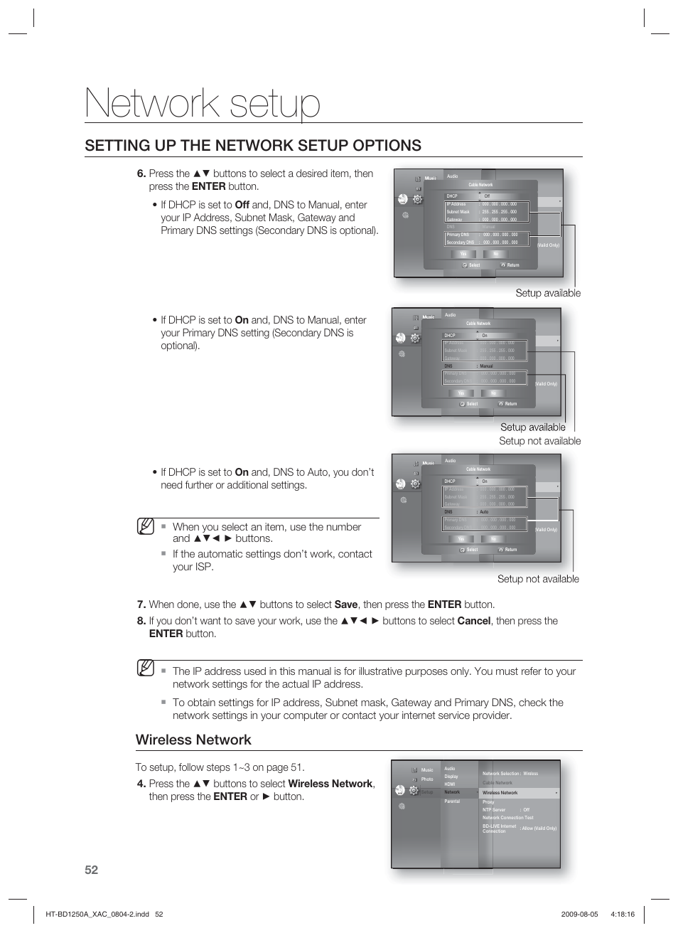 Network setup, Setting up the network setup options, Wireless network | Setup available, Setup not available setup available, Setup not available | Samsung HT-BD1255 User Manual | Page 52 / 104