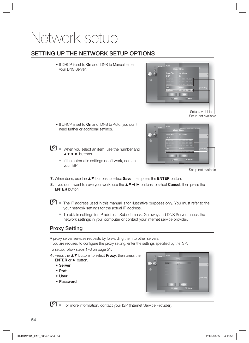 Network setup, Setting up the network setup options, Proxy setting | Setup not available setup available, Setup not available | Samsung HT-BD1255 User Manual | Page 54 / 104