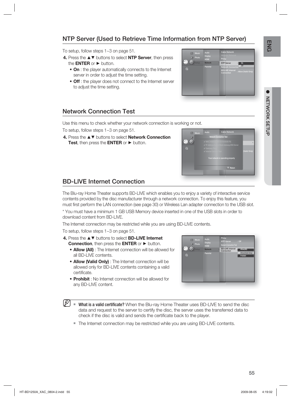 Network connection test, Bd-live internet connection, Network setup | Samsung HT-BD1255 User Manual | Page 55 / 104