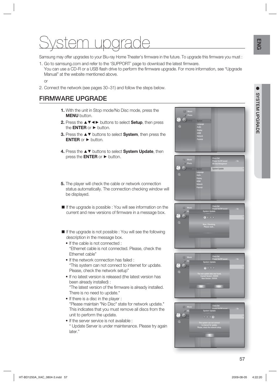System upgrade, Firmware upgrade | Samsung HT-BD1255 User Manual | Page 57 / 104