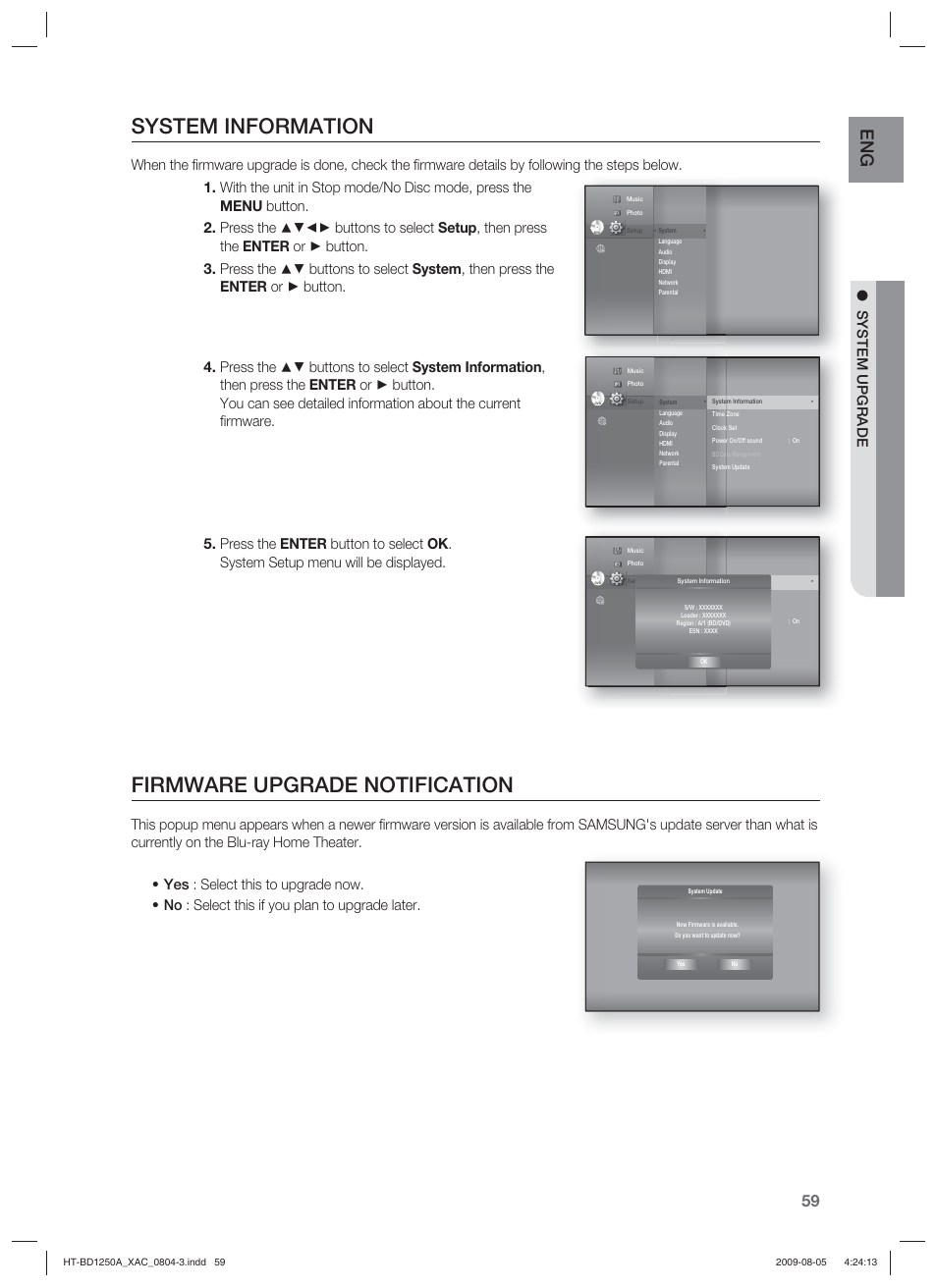 System information, Firmware upgrade notification, System upgrade | Samsung HT-BD1255 User Manual | Page 59 / 104