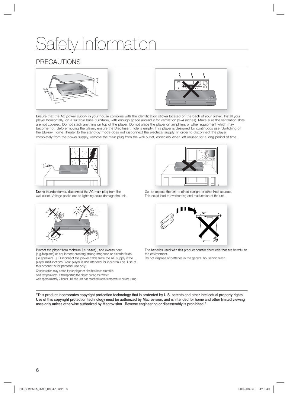 Safety information, Precautions | Samsung HT-BD1255 User Manual | Page 6 / 104
